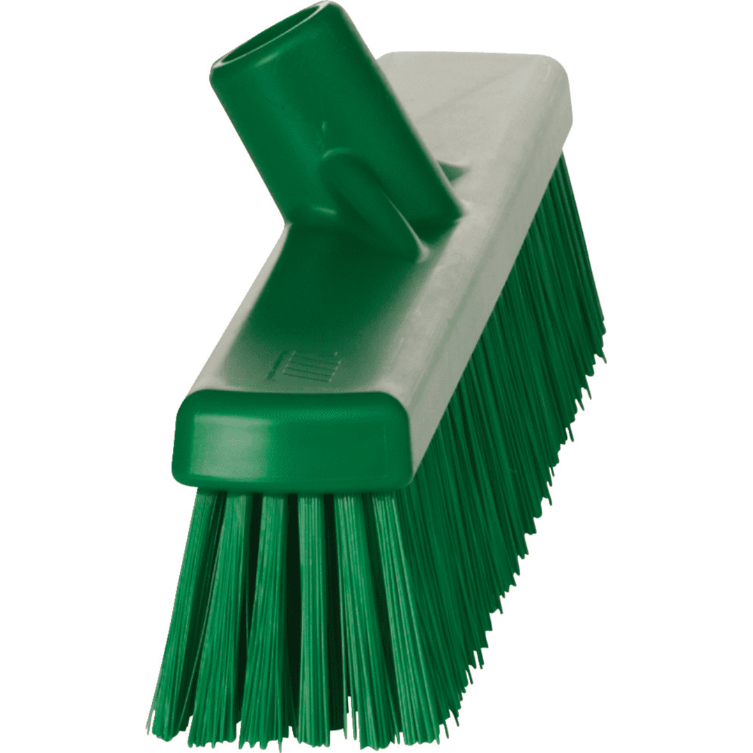 Green plastic broom with stiff bristles.