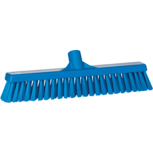 Blue plastic broom with stiff bristles.