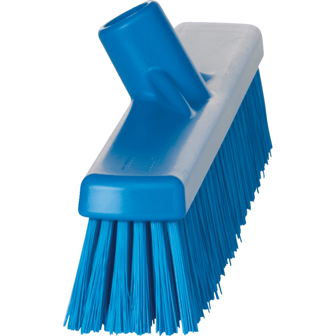 Blue plastic push broom with bristles.