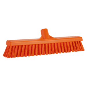 Orange plastic broom with bristles.