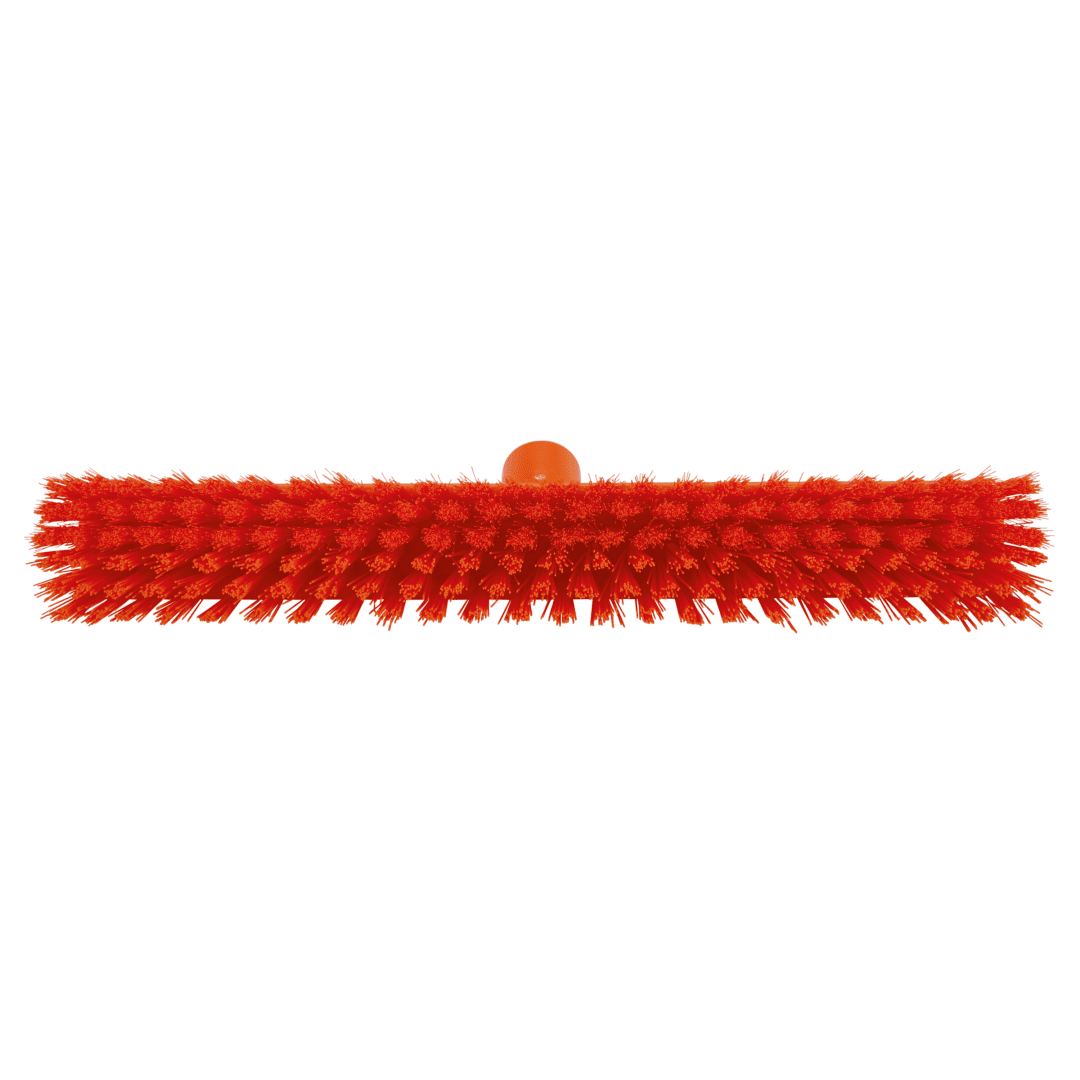 Orange broom head with bristles.