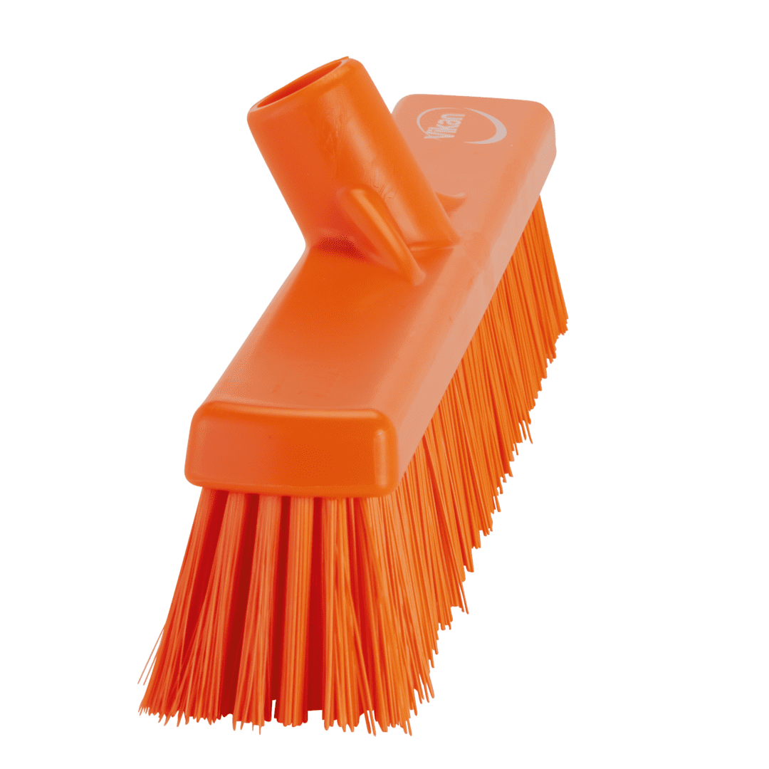 Orange plastic broom with stiff bristles.