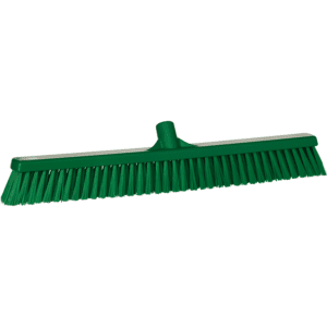 Green plastic push broom with bristles.