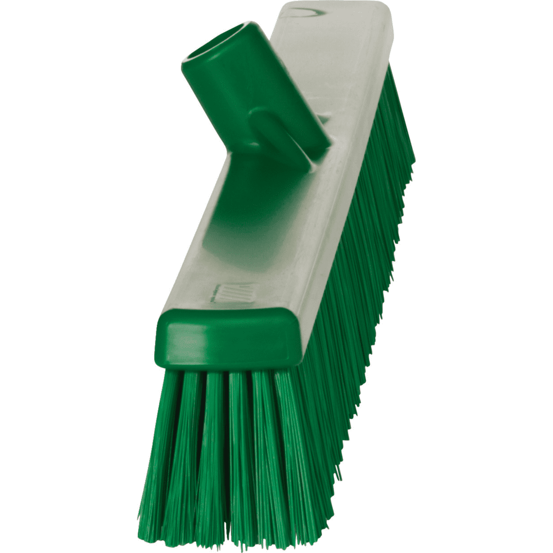 Green broom with plastic handle.