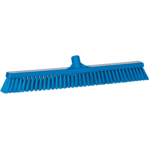 Blue plastic broom with stiff bristles.