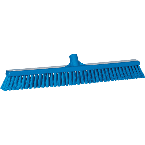 Blue plastic broom with stiff bristles.