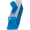 Blue and white push broom with bristles.