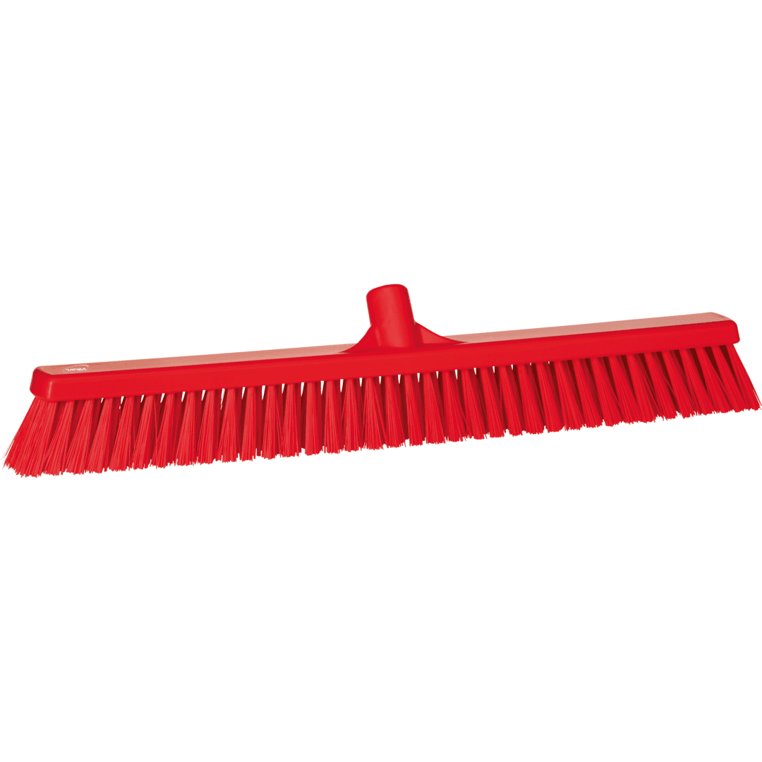 31944-1 Red plastic broom with stiff bristles.