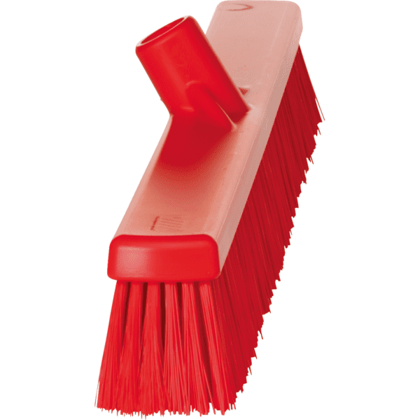 Red plastic broom with long bristles.