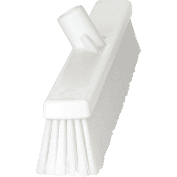 White plastic push broom with bristles.