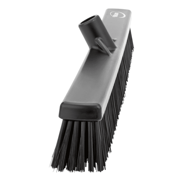 Black plastic broom with stiff bristles.