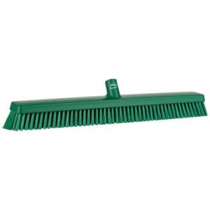 Green push broom with long bristles.