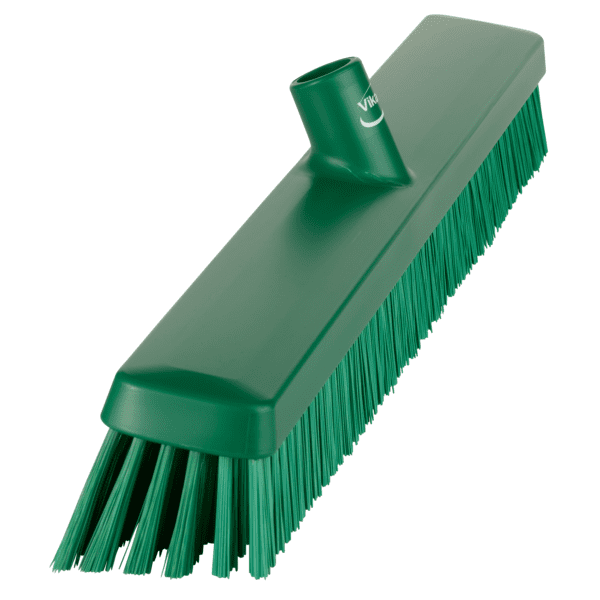 Green plastic broom with green bristles.