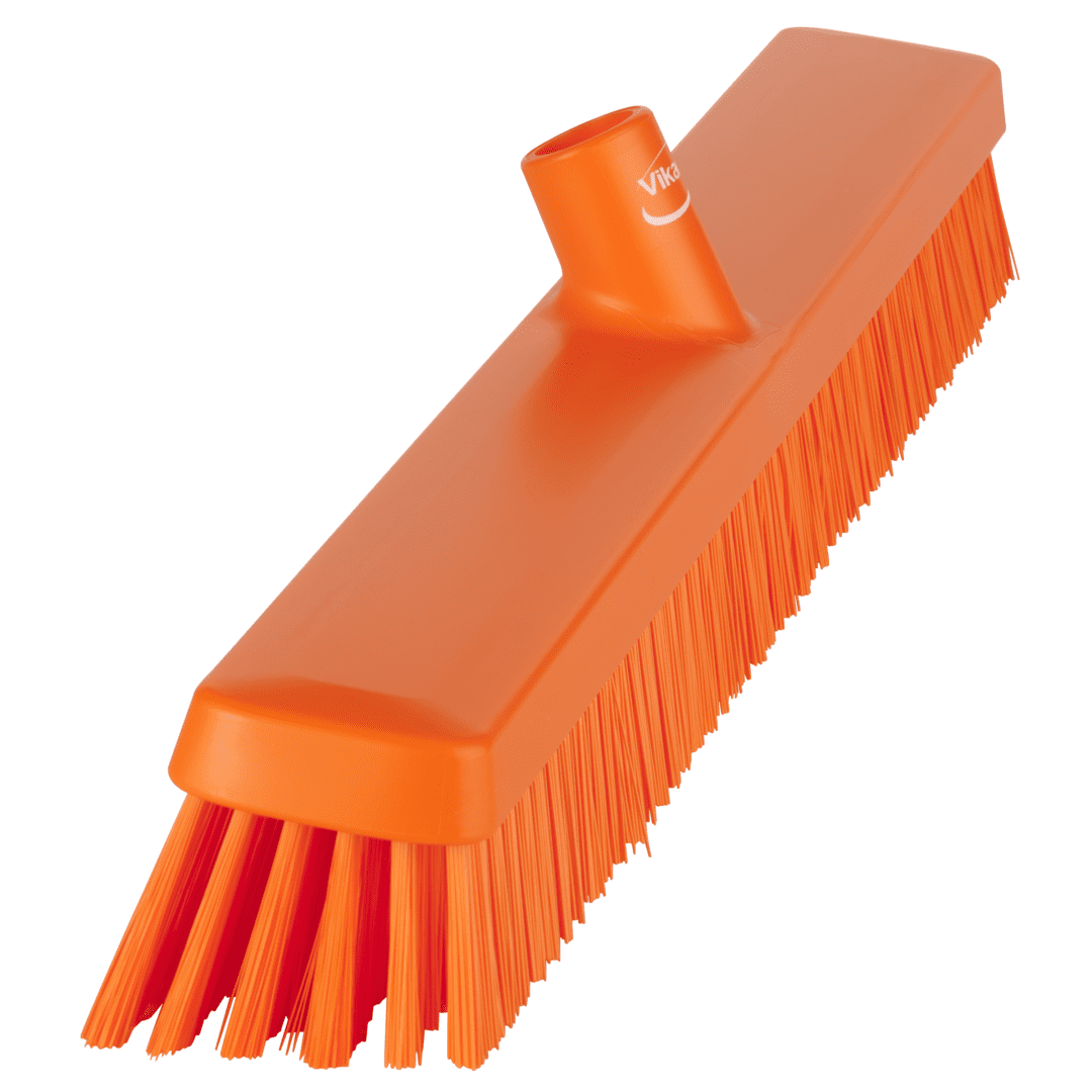 Orange plastic floor brush with bristles.