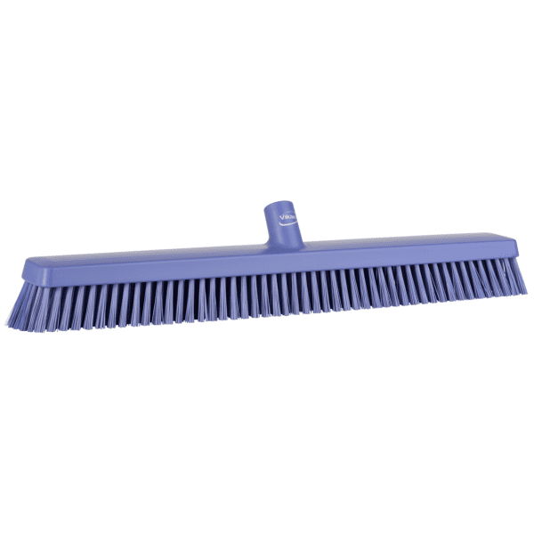 Purple plastic push broom with bristles.