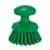 Green plastic scrub brush with handle.