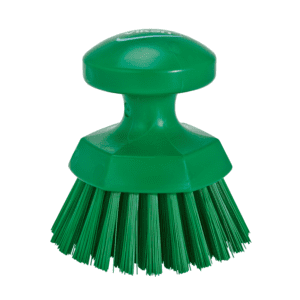 Green plastic scrub brush with handle.