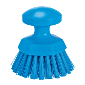 Blue plastic cleaning brush with handle.