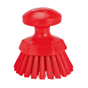 Red plastic scrub brush with handle.