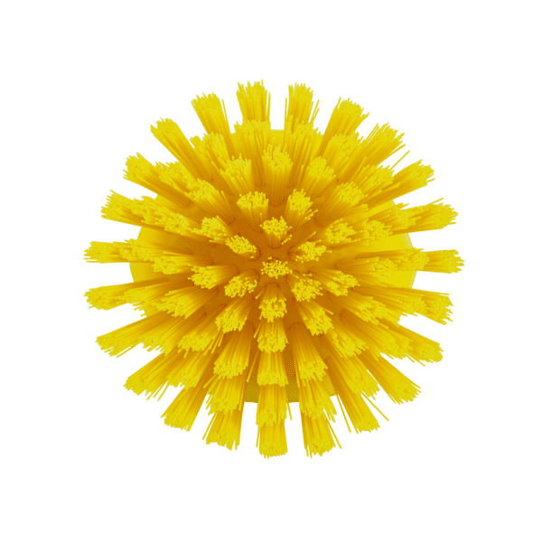 Yellow round cleaning brush with bristles.