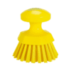 Yellow plastic scrub brush with handle.