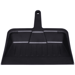 Black plastic dustpan with handle.