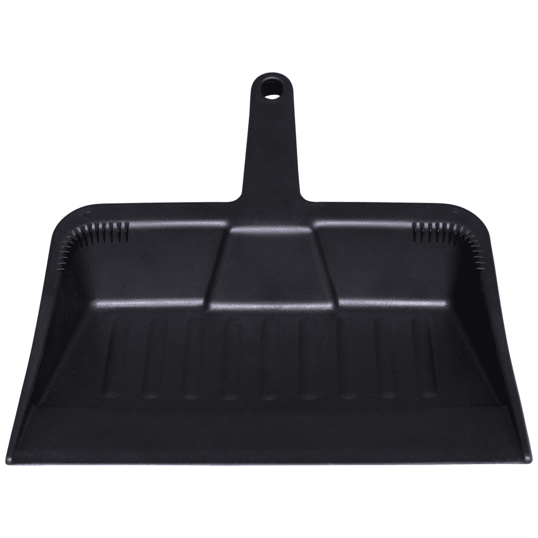 Black plastic dustpan with handle.