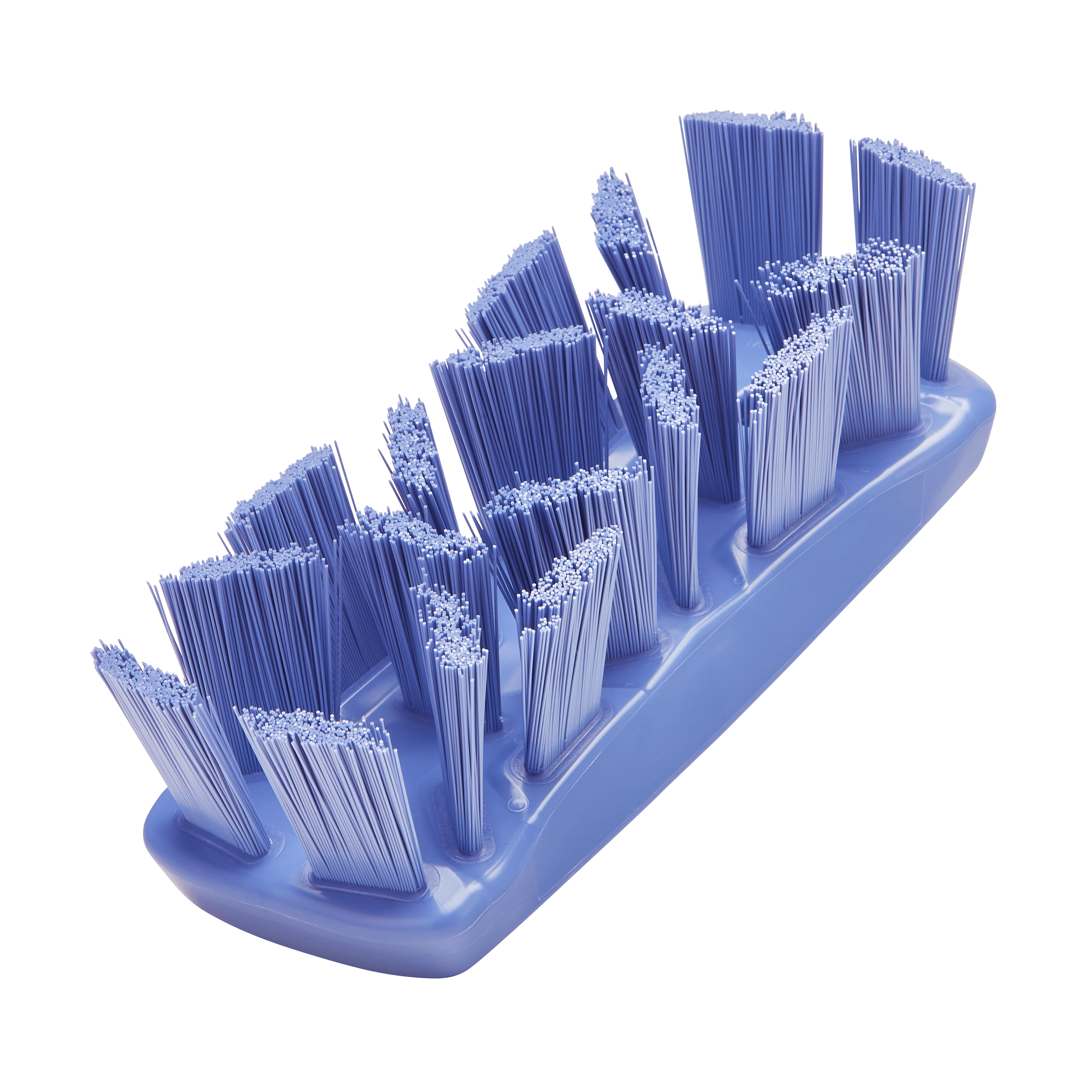 Blue cleaning brush with bristles arranged unevenly.