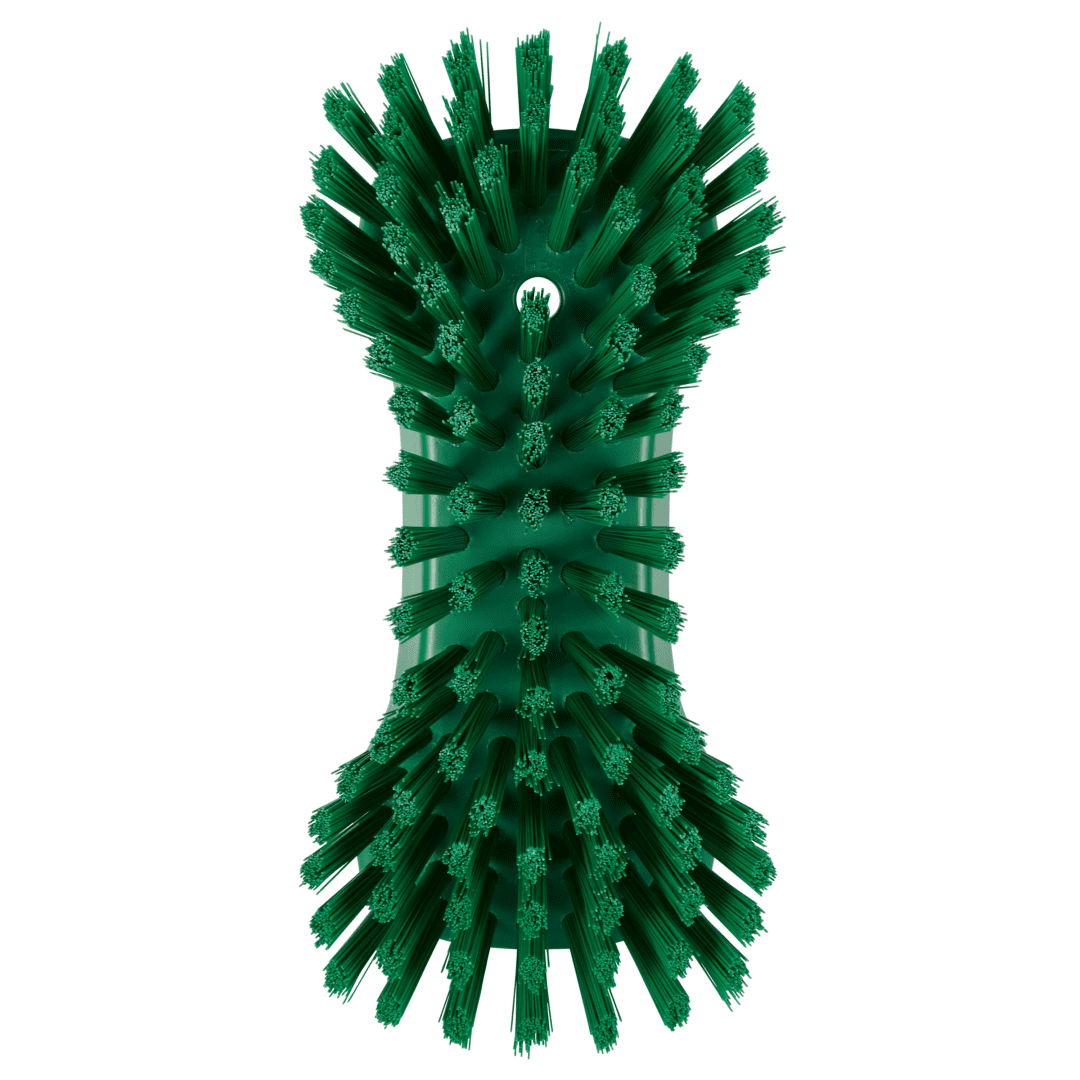 Green cleaning brush with bristles.