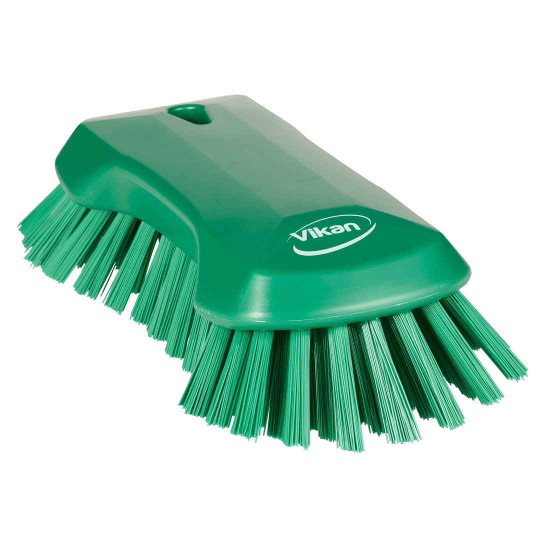 Green cleaning brush with long bristles.