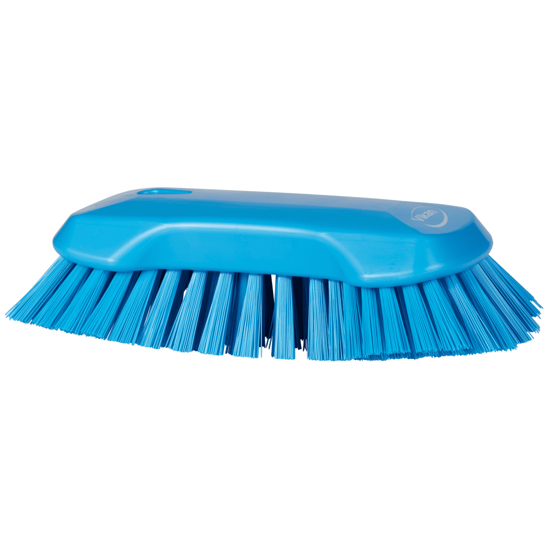 Blue cleaning brush with long bristles.