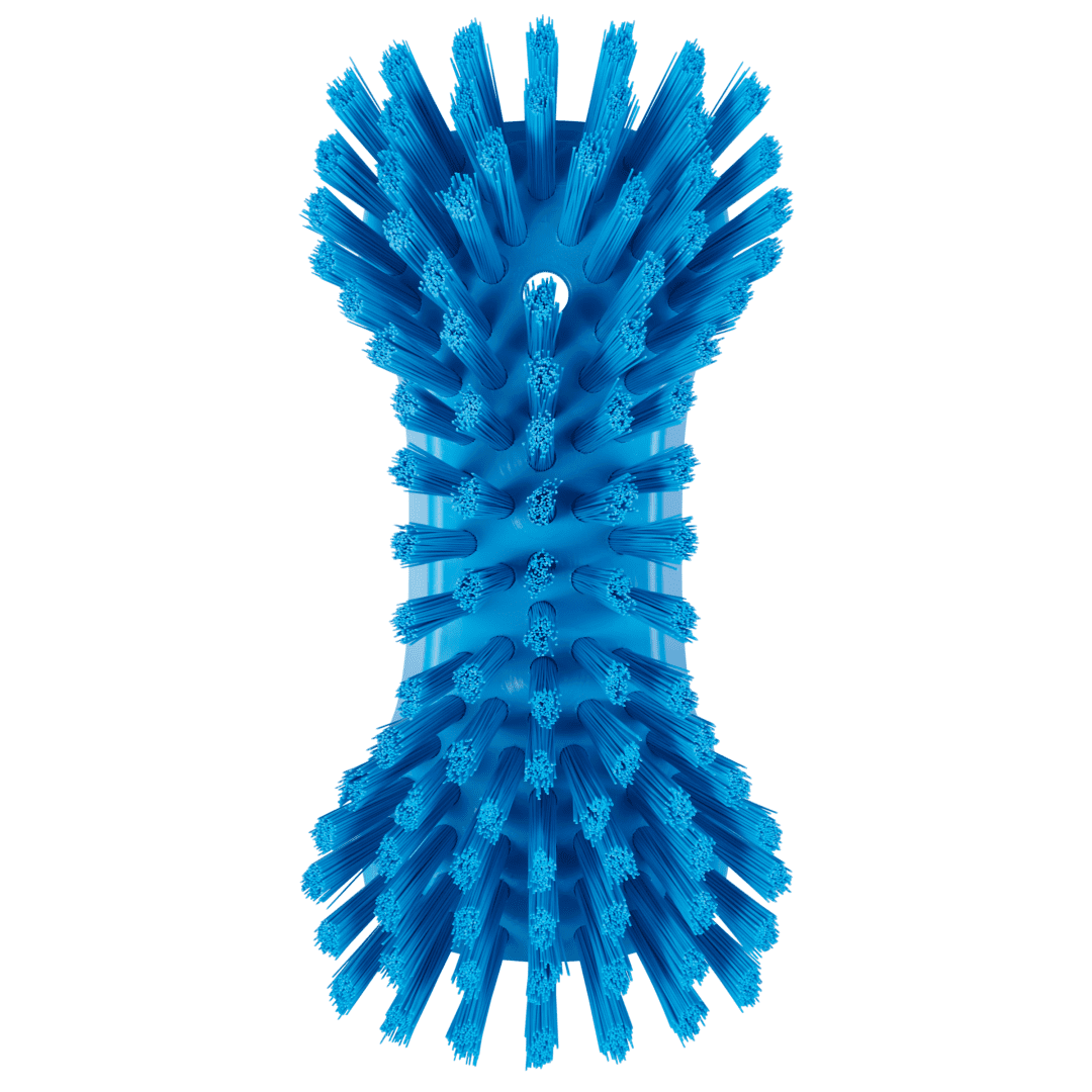 Blue cleaning brush with bristle design.