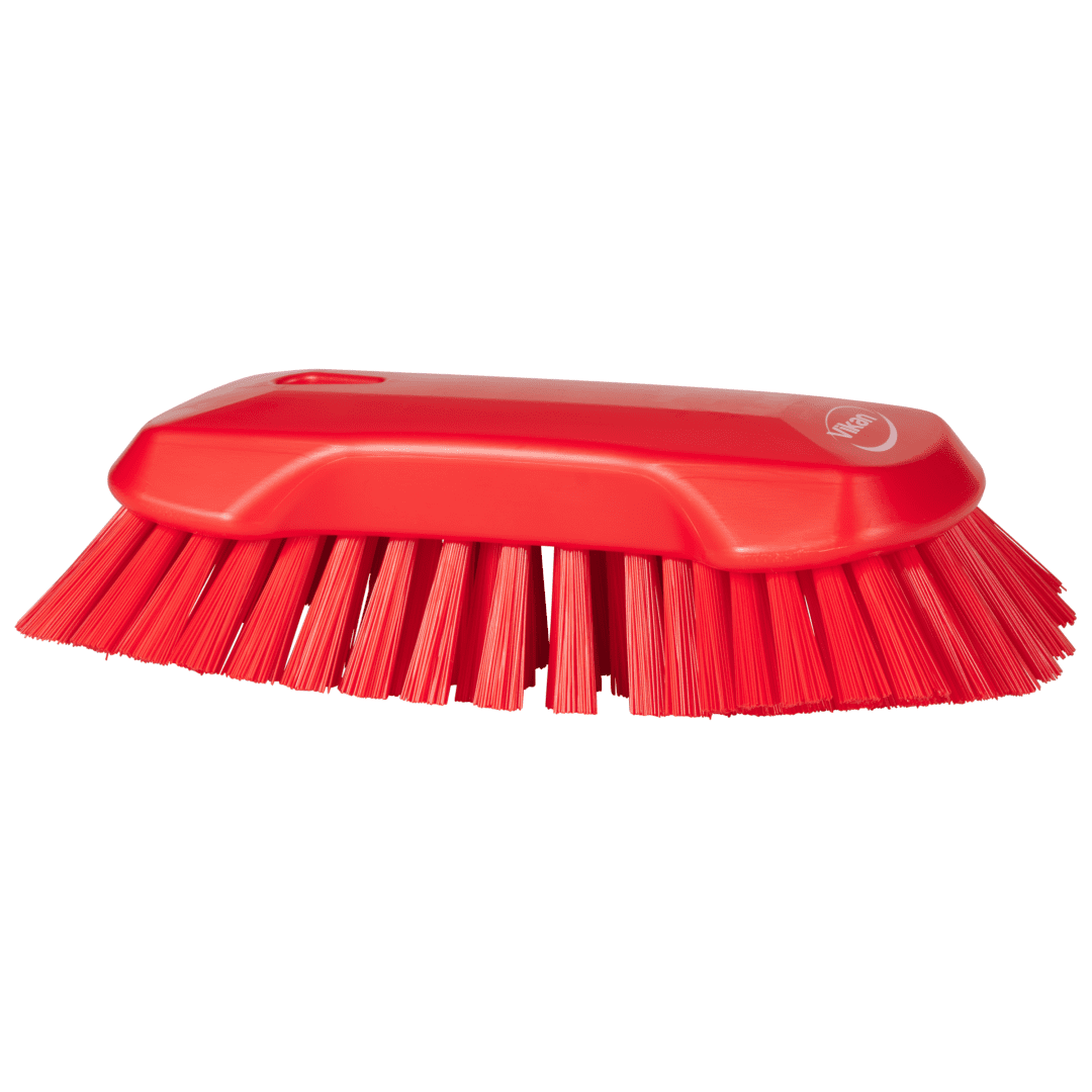 Red brush with long, plastic bristles.
