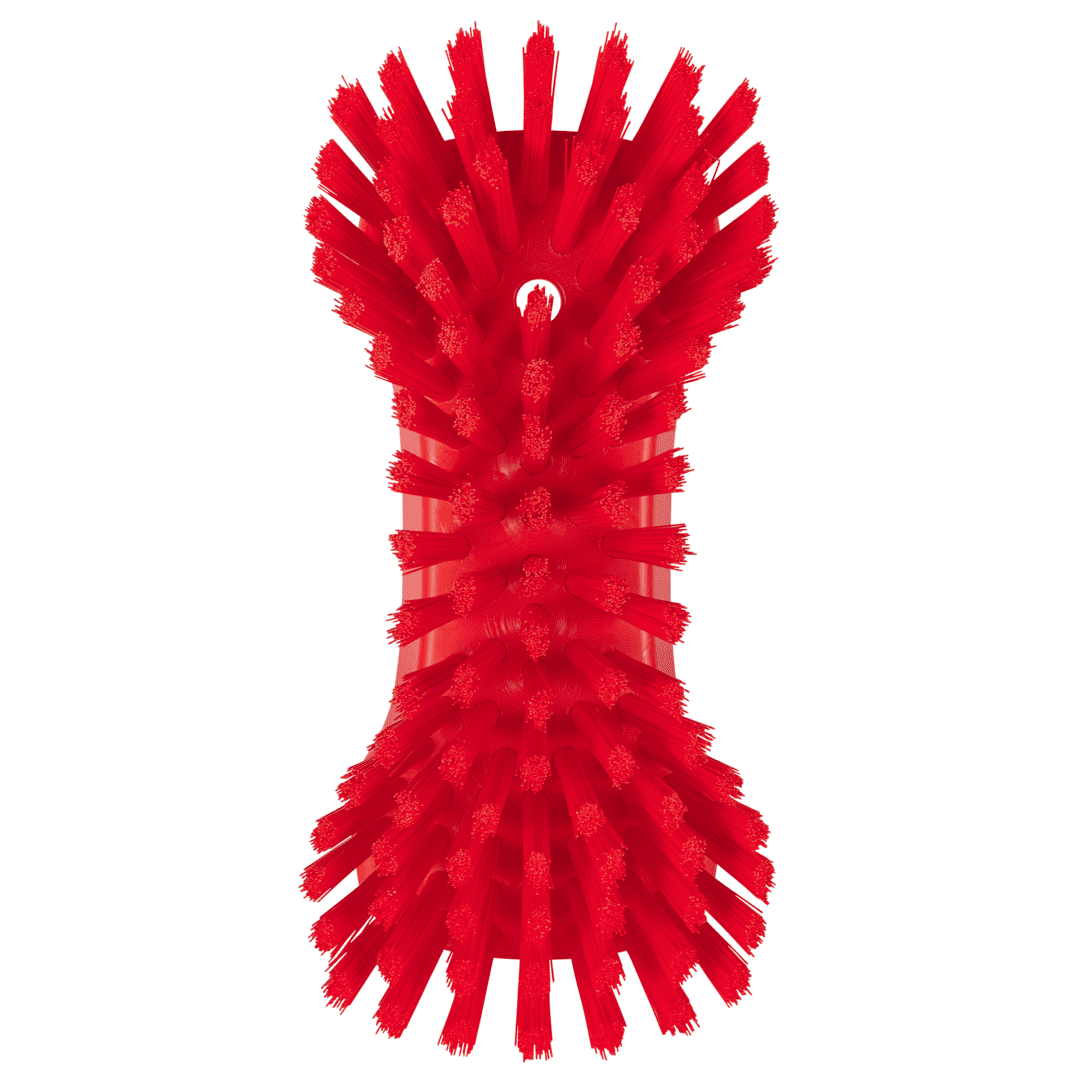 Red cleaning brush with bristles.