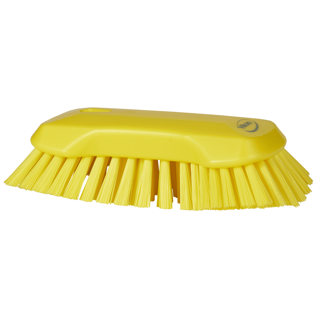 Yellow cleaning brush with long bristles.