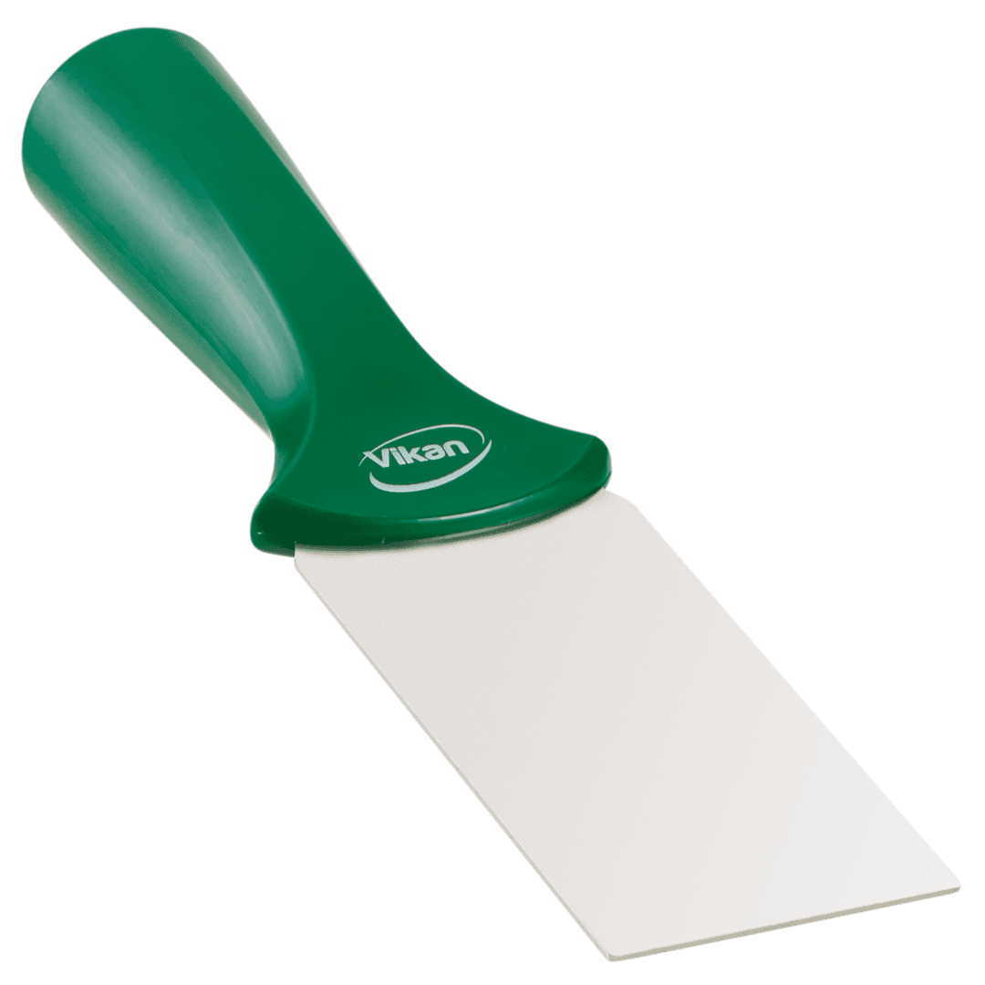 40102-3 Green-handled spatula with a flat blade.