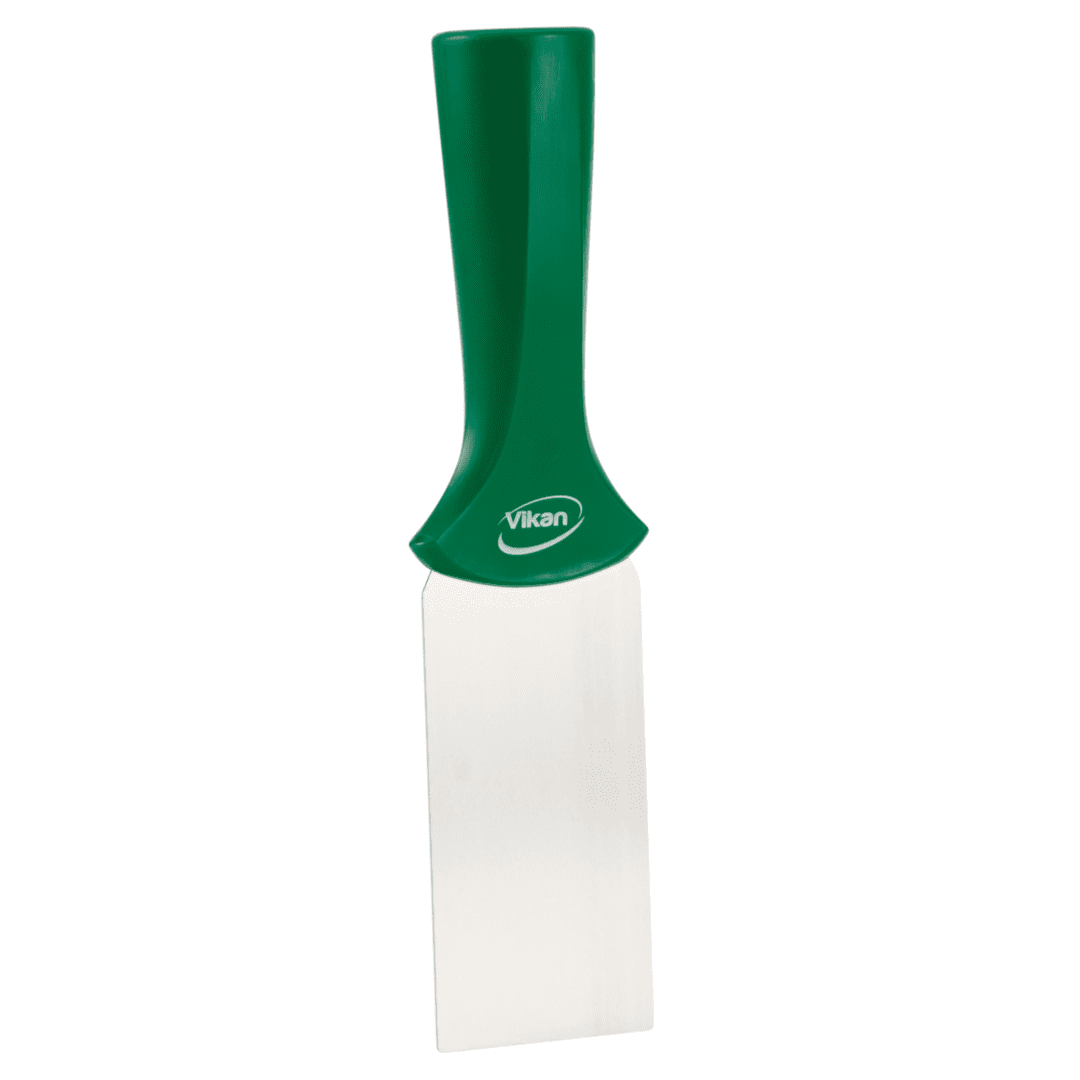 40102 Green-handled kitchen scraper with stainless steel blade.