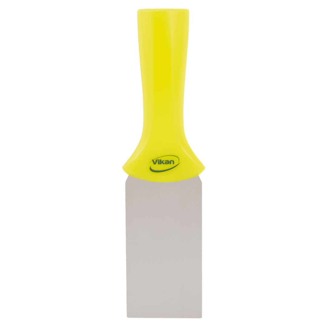 Yellow-handled scraper with metal blade.