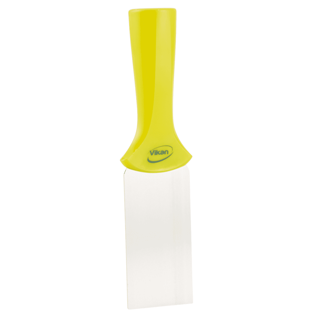 Yellow-handled cleaning scraper with a metal blade.