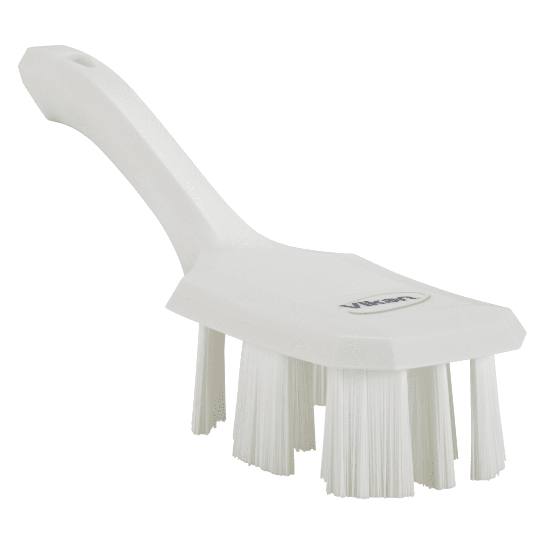 White cleaning brush with bristles and handle.