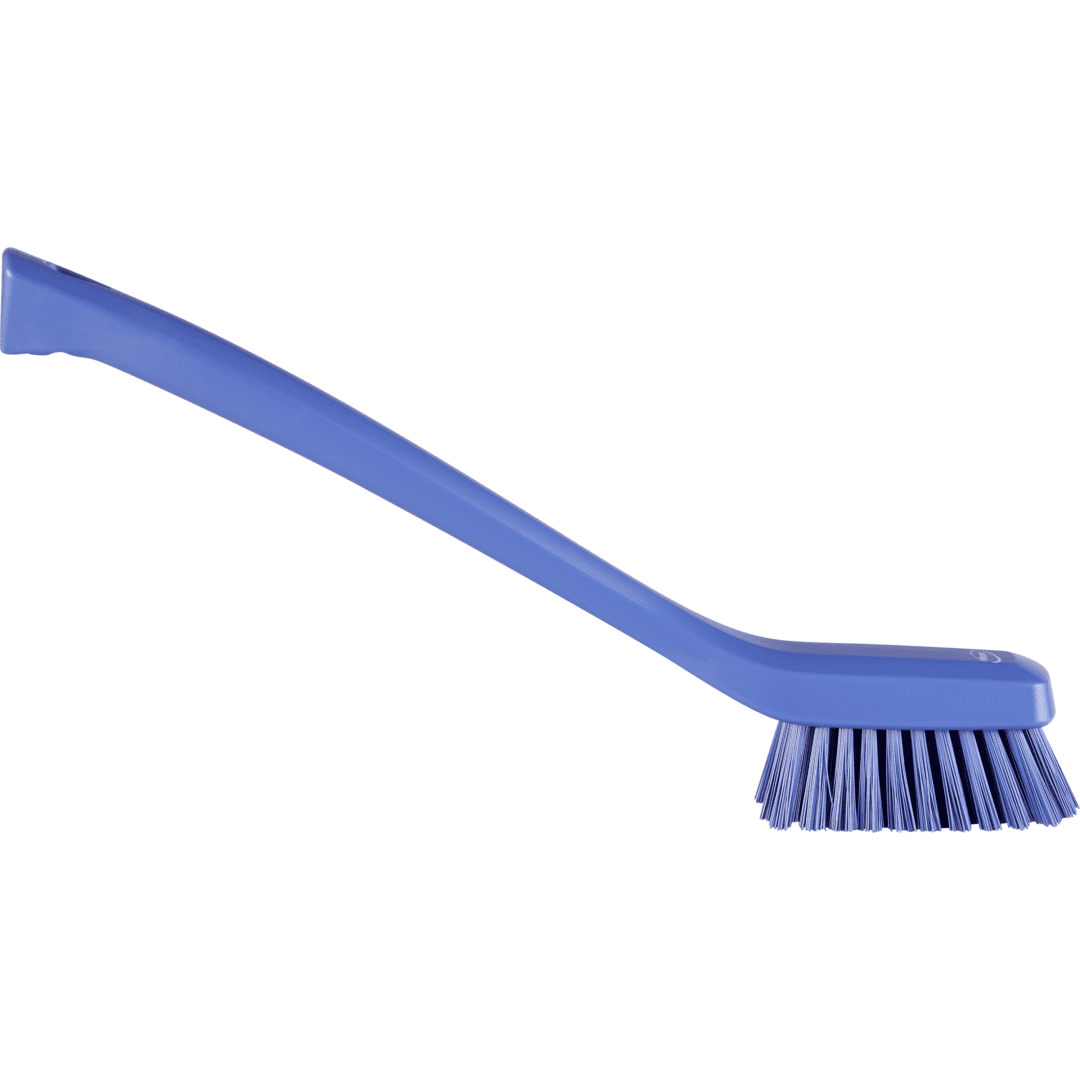 Purple cleaning brush with a long handle.
