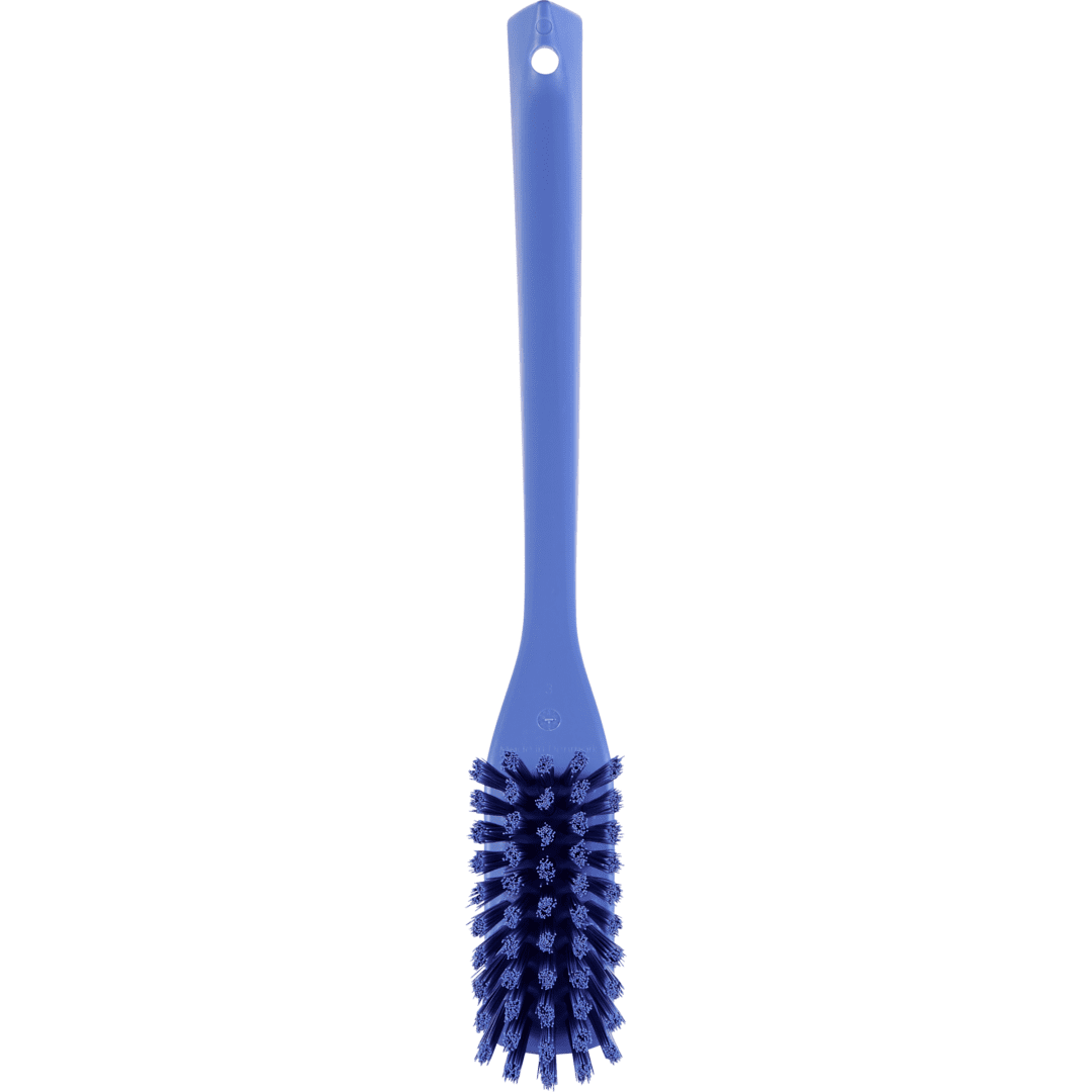Blue cleaning brush with a long handle.
