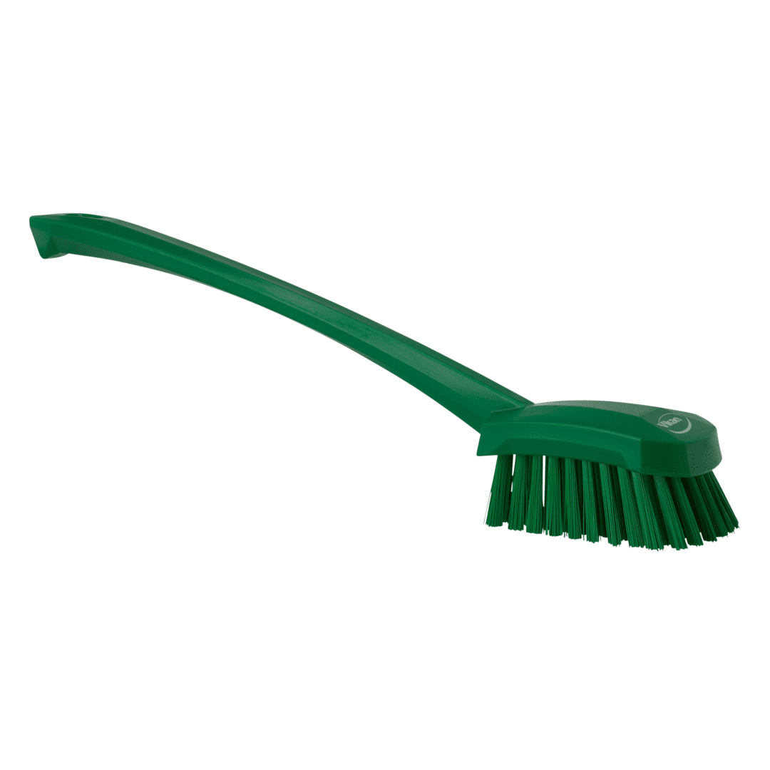 Green cleaning brush with long handle.