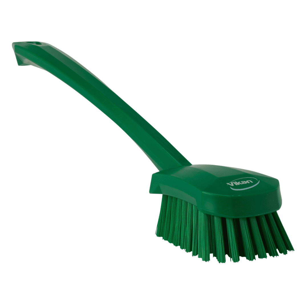 Green cleaning brush with long handle.