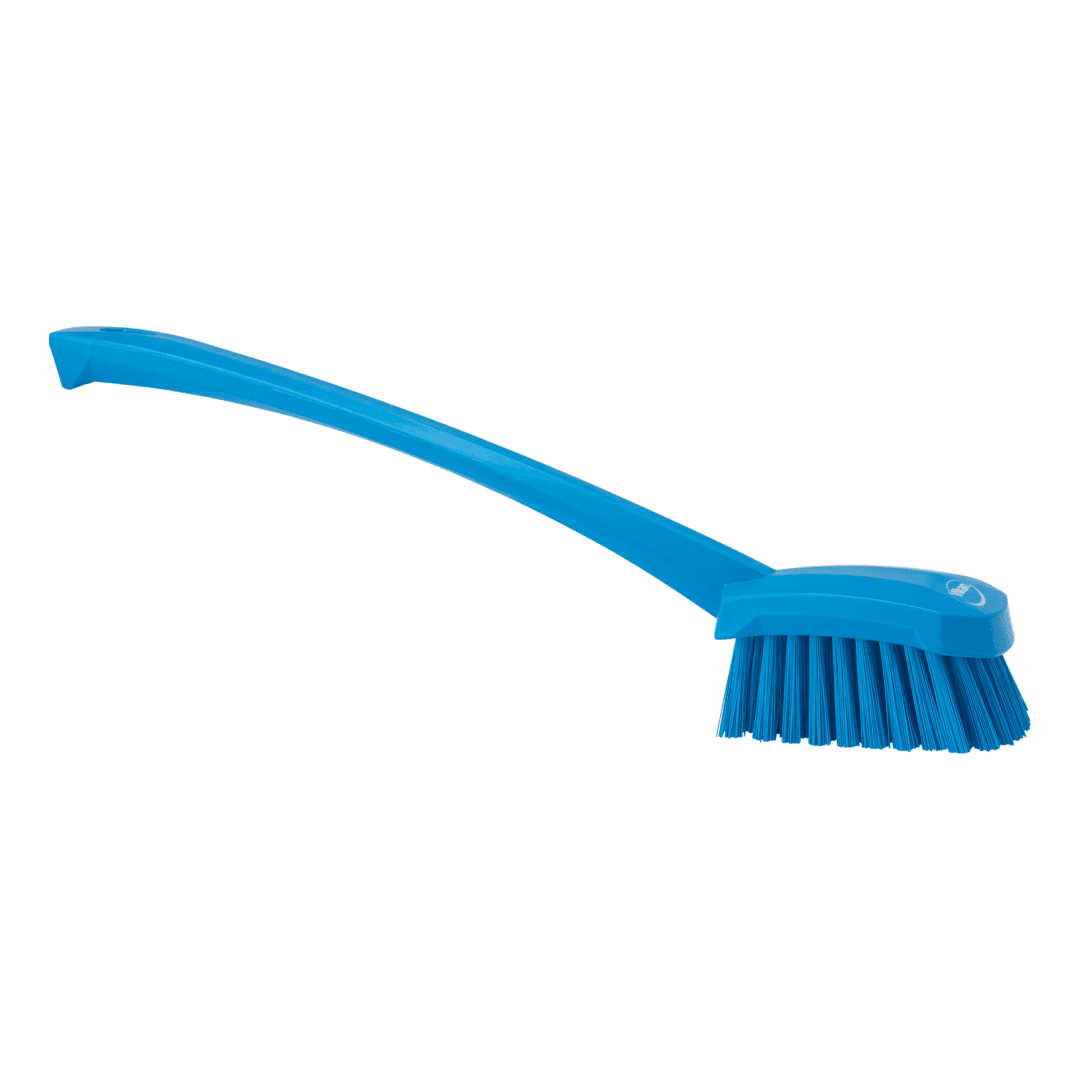 Blue cleaning brush with long handle.