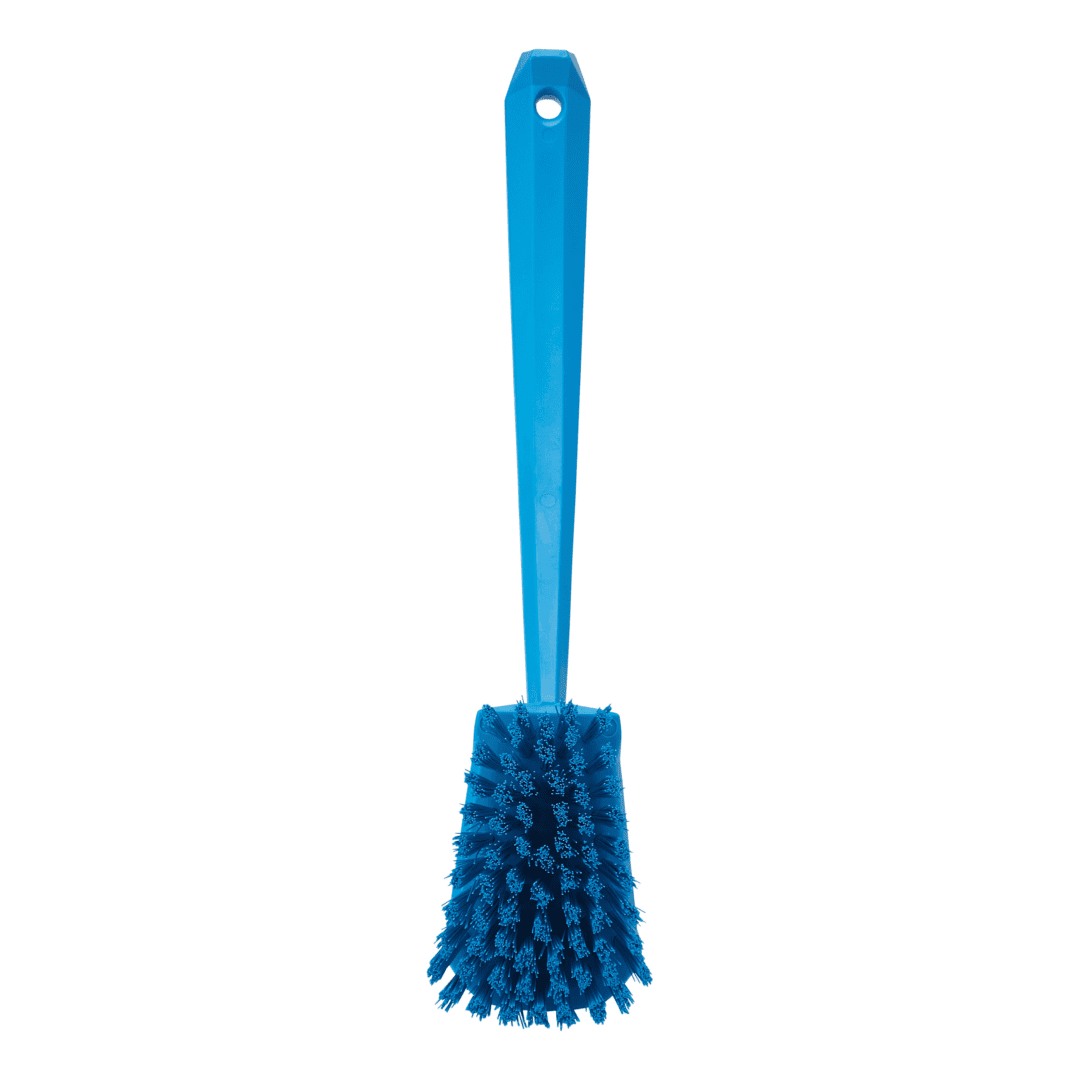 Blue toilet brush with a long handle.