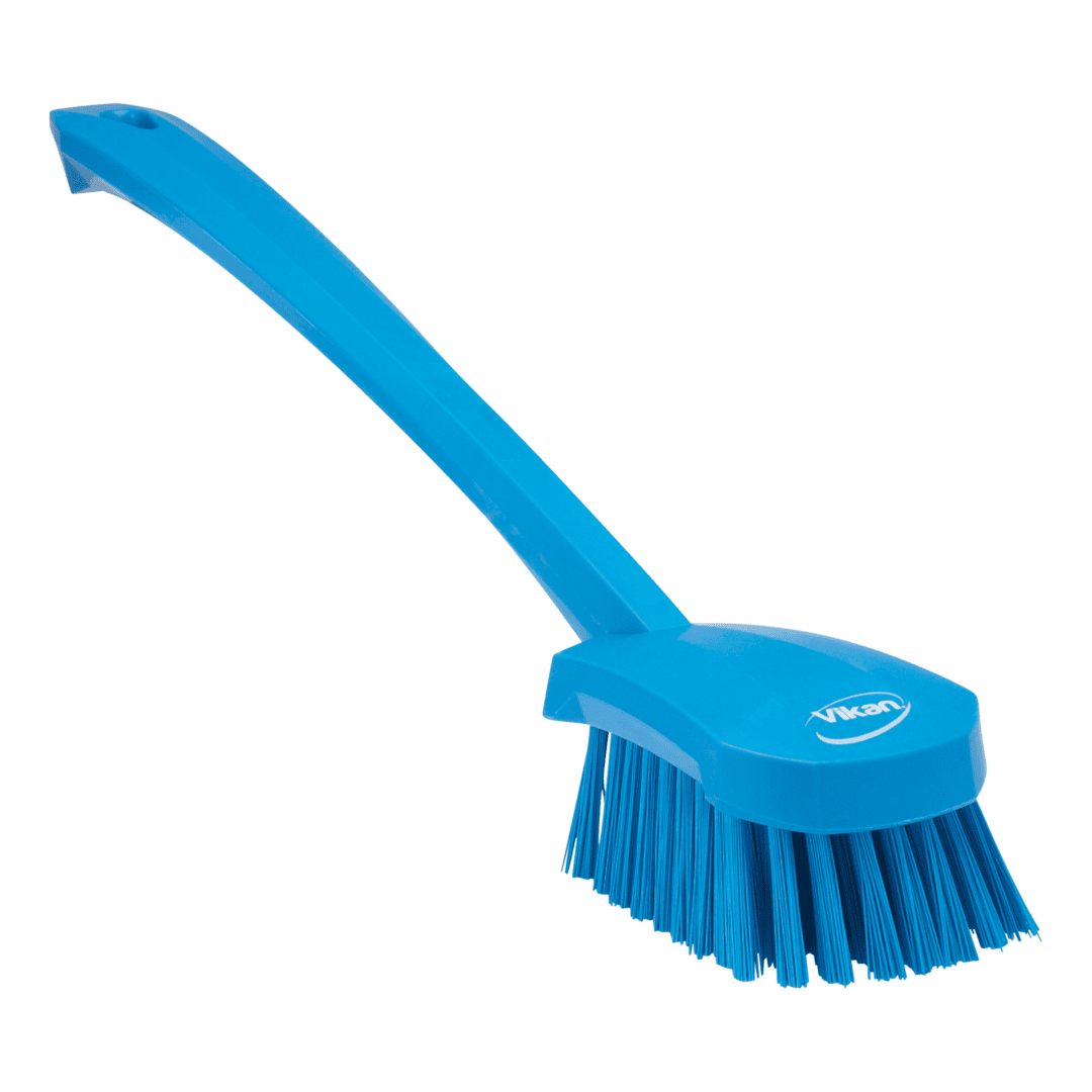Blue cleaning brush with long handle.