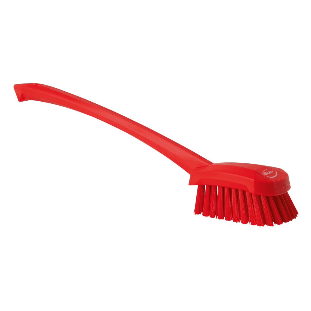 Red cleaning brush with long handle.