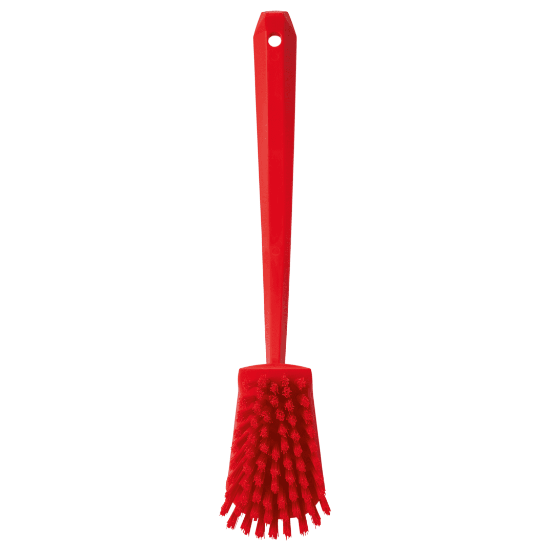 Red toilet brush with textured bristles.