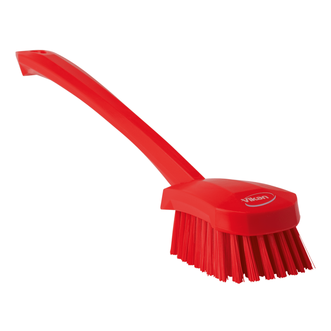 Red cleaning brush with a long handle.